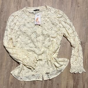Lace Button-Down Blouse in Cream - Feminine Long Sleeve Top